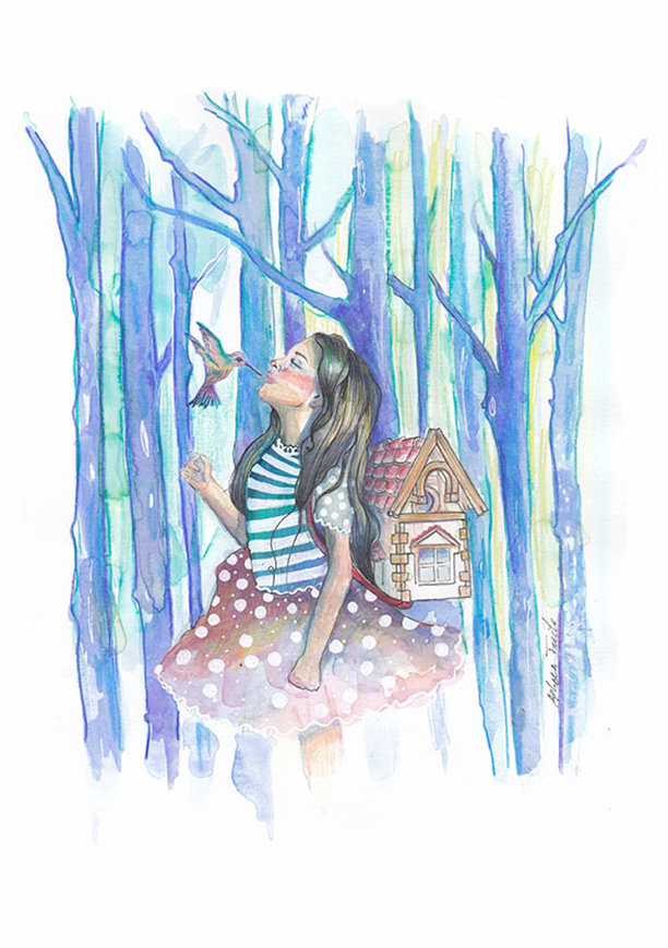 Ilustracion de Adhara Freile chica con una mochila que es una casa, va andanbdo por el bsoque y un pajaro le pica en la nariz